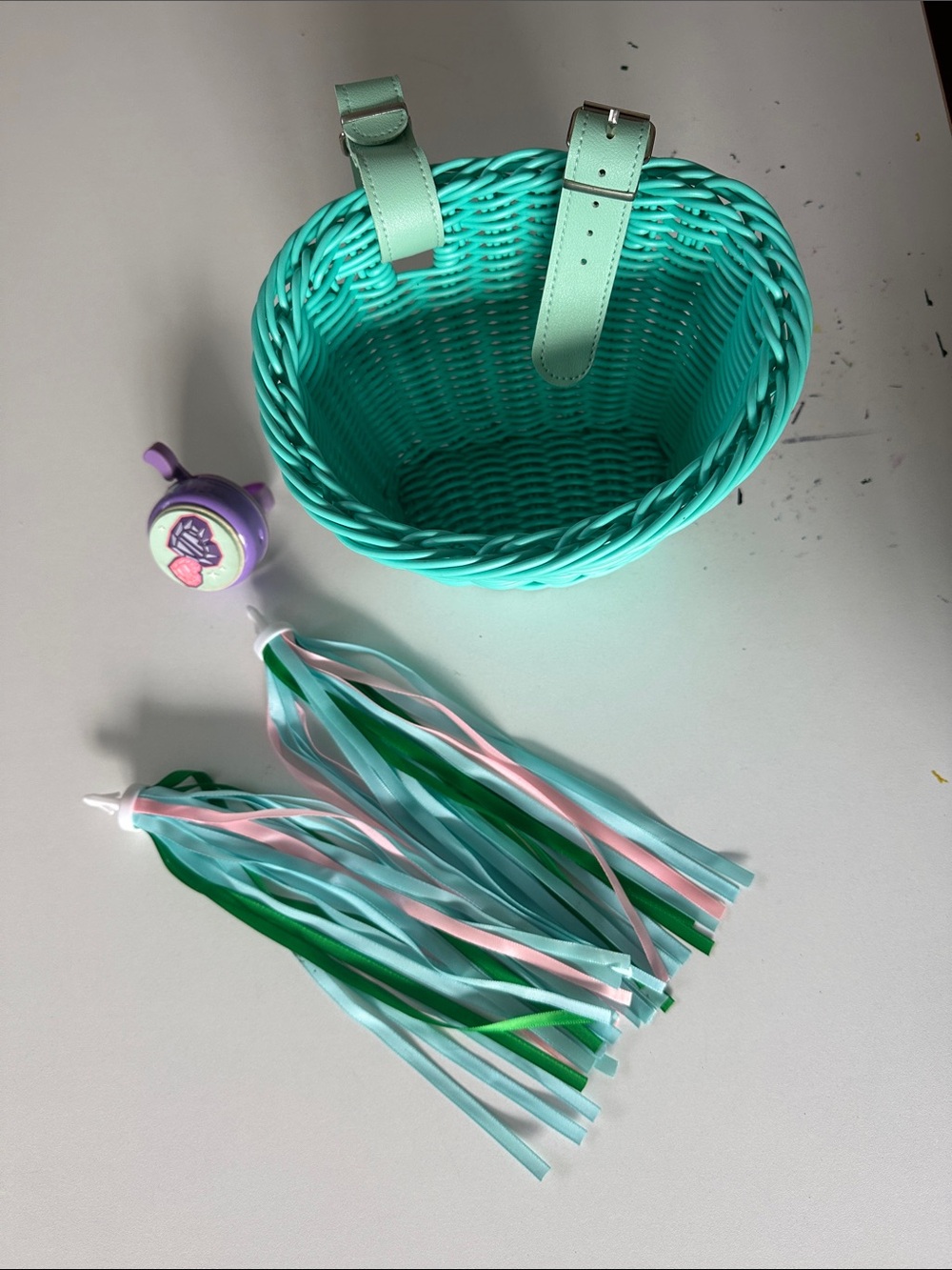 Kids Mint Green Woven Bike Basket with Matching Streamer Tassels